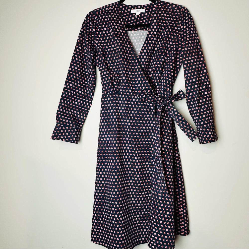 1901 Navy-Red B Micro Dot  Midi Dress Classic Style‎ V-Neck.C144